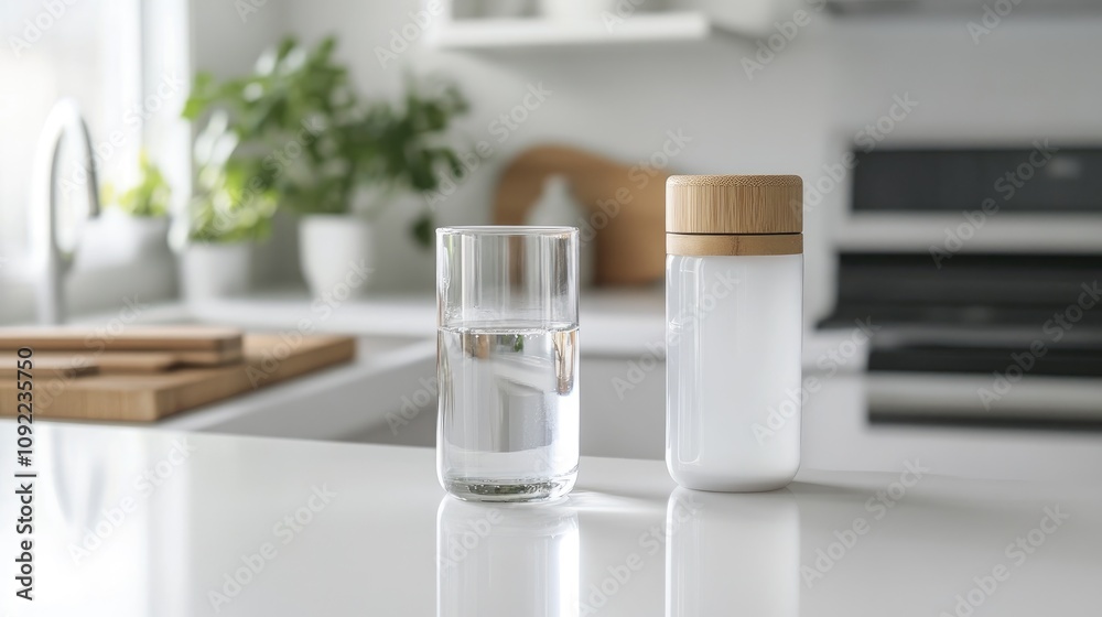 Refreshing Still Life with a Glass of Clear Water and a Stylish Water Bottle on a Modern Kitchen Counter in Bright Natural Light Refreshing Still Life with a Glass of Clear Water and a Stylish Water Bottle on a Modern Kitchen Counter in Bright Natural Light