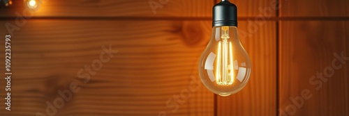 Halogen light bulb on a cozy background featuring a warm wooden texture, wood grain, halogen bulb photo