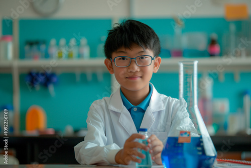 a school student wearing white lab coat and protective glasses in a classrom holding a conical flask