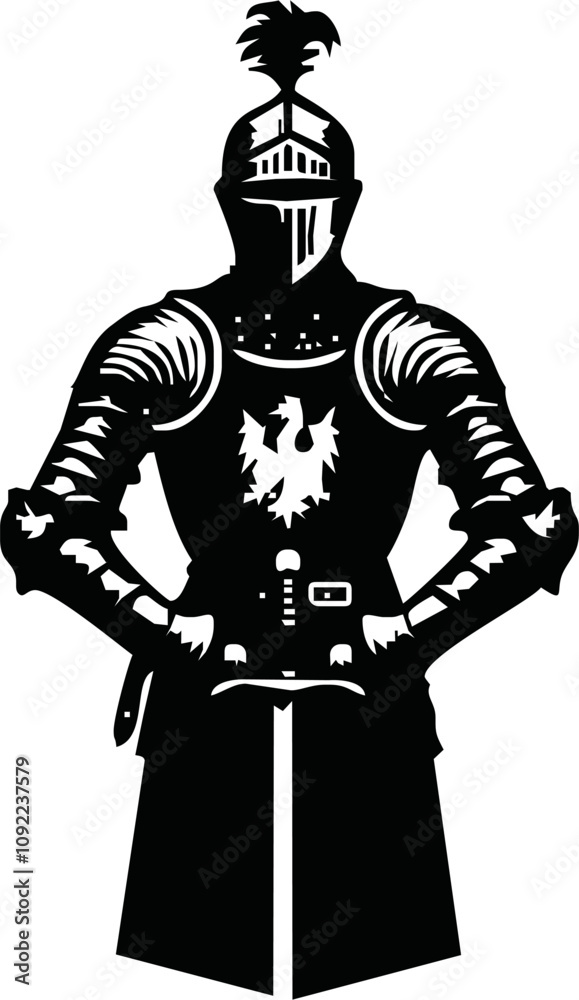 Obraz premium Black and white illustration of a medieval knight in full armor with a sword. Detailed armor and flowing cape create a dynamic, heroic look. Ideal for fantasy, historical, and chivalry themes. Vector 