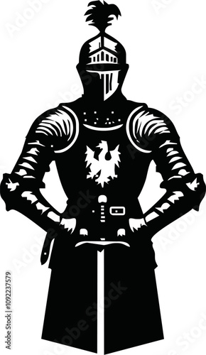 Black and white illustration of a medieval knight in full armor with a sword. Detailed armor and flowing cape create a dynamic, heroic look. Ideal for fantasy, historical, and chivalry themes.
Vector 