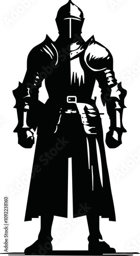 Black and white illustration of a medieval knight in full armor with a sword. Detailed armor and flowing cape create a dynamic, heroic look. Ideal for fantasy, historical, and chivalry themes.
Vector 