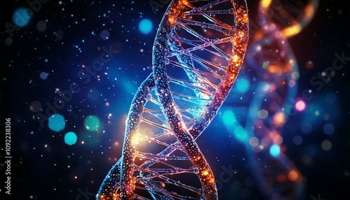 Dna double helix discovery laboratory digital art sci-fi environment close-up viewpoint genetic concept exploration