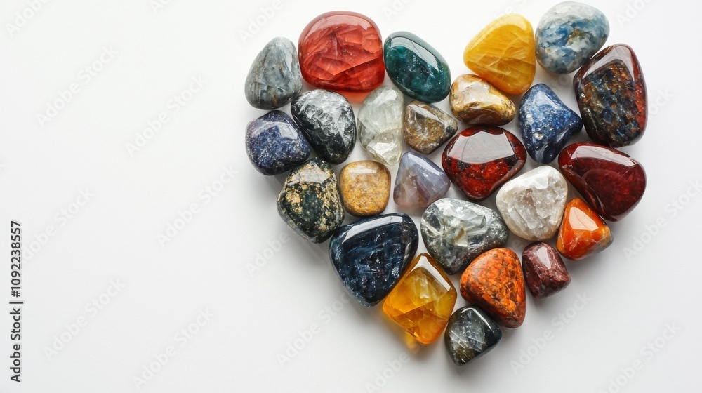 Obraz premium Gemstone heartshaped arrangement for text banner on white surface