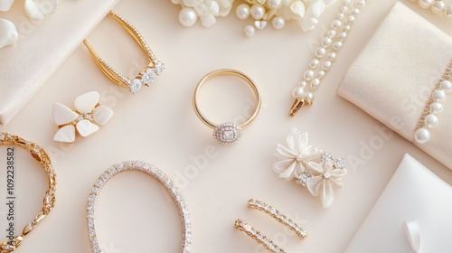 Elegant Collection of Jewelry Displayed on Soft Background Featuring Rings, Earrings, Necklaces, and Bracelets for Fashion and Accessories Photography photo