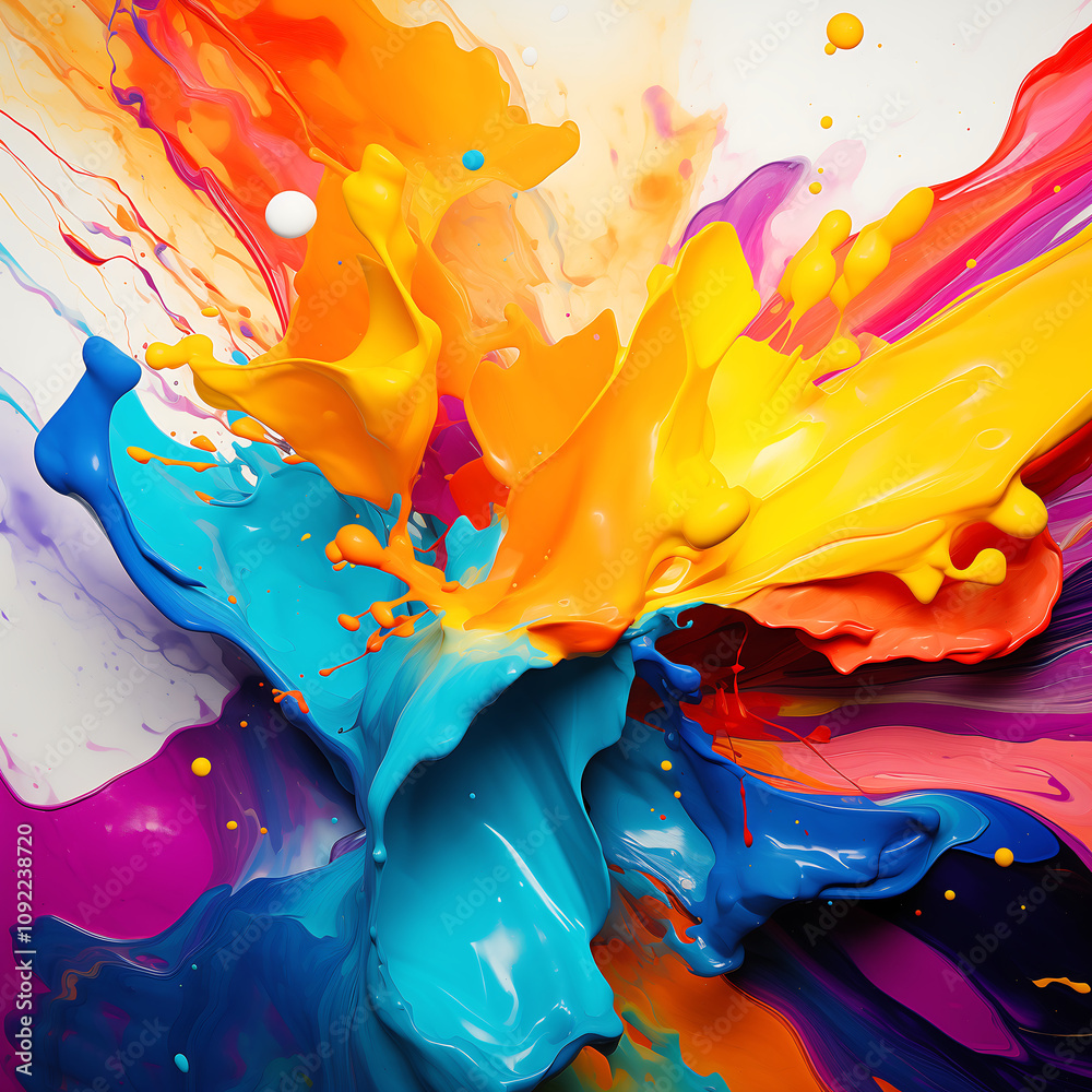 Fototapeta premium A vibrant explosion of colors, featuring splashes of orange, blue, yellow, and purple, creating a dynamic and lively artistic composition.