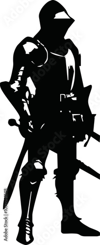 Black and white illustration of a medieval knight in full armor with a sword. Detailed armor and flowing cape create a dynamic, heroic look. Ideal for fantasy, historical, and chivalry themes.
Vector 