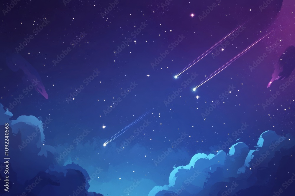 Fototapeta premium A Breathtaking Night Sky Filled with Stars and Shooting Comets Over Soft Clouds in a Serene Landscape, Invoking Wonder and Calmness for All Who Gaze Upon It