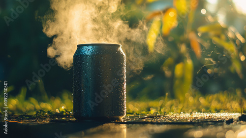Steam rises from a cold can resting on wet ground in a warm sunlight glow