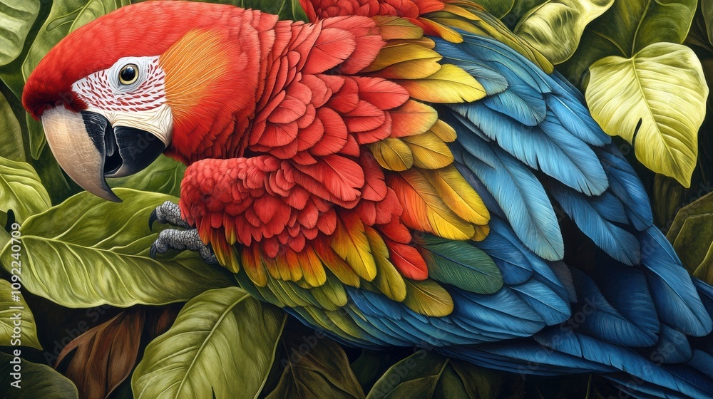 Obraz premium Vibrant closeup of a colorful parrot in lush greenery nature photography tropical environment high-fidelity detail