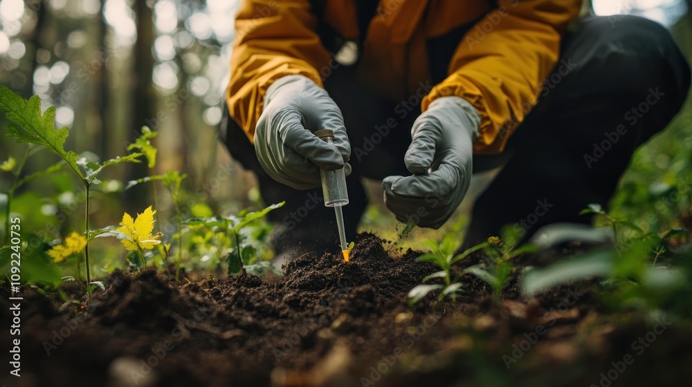 Naklejka premium Scientist Taking Soil Sample in Forest