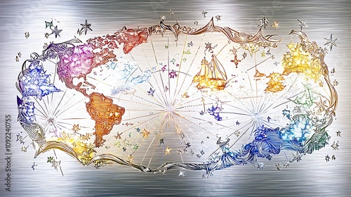 Artistic World Map with Ship  Stars  and Watercolor Texture photo