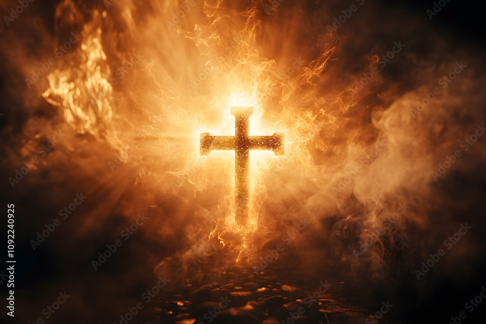 Fiery glowing cross surrounded by radiant light and smoke, symbolizing faith, divinity, and spiritual power. Dramatic sacred representation of hope, strength, and enlightenment Fiery glowing cross surrounded by radiant light and smoke, symbolizing faith, divinity, and spiritual power. Dramatic sacred representation of hope, strength, and enlightenment