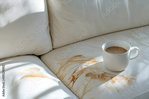 Coffee cup sits on stained white sofa in bright room with sunlight