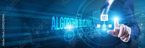 Businessman hand touches a shield, algorithm development security innovation protection. The concept represents safeguarding data privacy, business intelligence optimization, and system reliability.