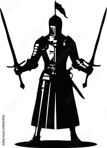 Black and white illustration of a medieval knight in full armor with a sword. Detailed armor and flowing cape create a dynamic, heroic look. Ideal for fantasy, historical, and chivalry themes.
Vector 