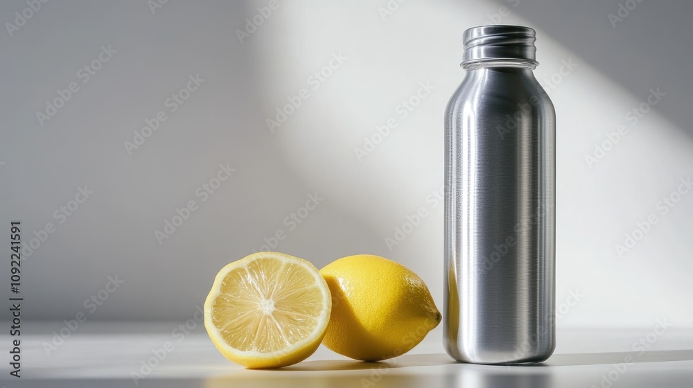 Refreshing Lemon and Stainless Steel Bottle on a Minimalist Surface Capturing the Essence of Freshness and Healthy Living in Natural Light Refreshing Lemon and Stainless Steel Bottle on a Minimalist Surface Capturing the Essence of Freshness and Healthy Living in Natural Light
