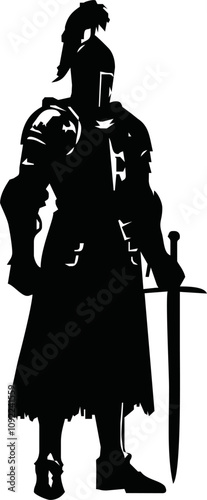 Black and white illustration of a medieval knight in full armor with a sword. Detailed armor and flowing cape create a dynamic, heroic look. Ideal for fantasy, historical, and chivalry themes.
Vector 