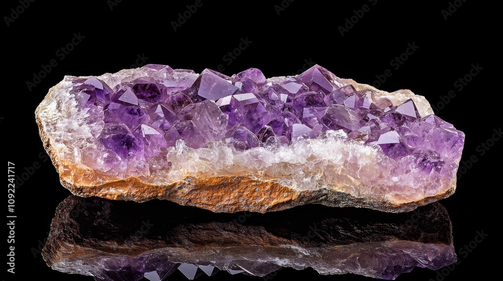 Raw amethyst cluster on black surface highlighting natural beauty Raw amethyst cluster on black surface highlighting natural beauty