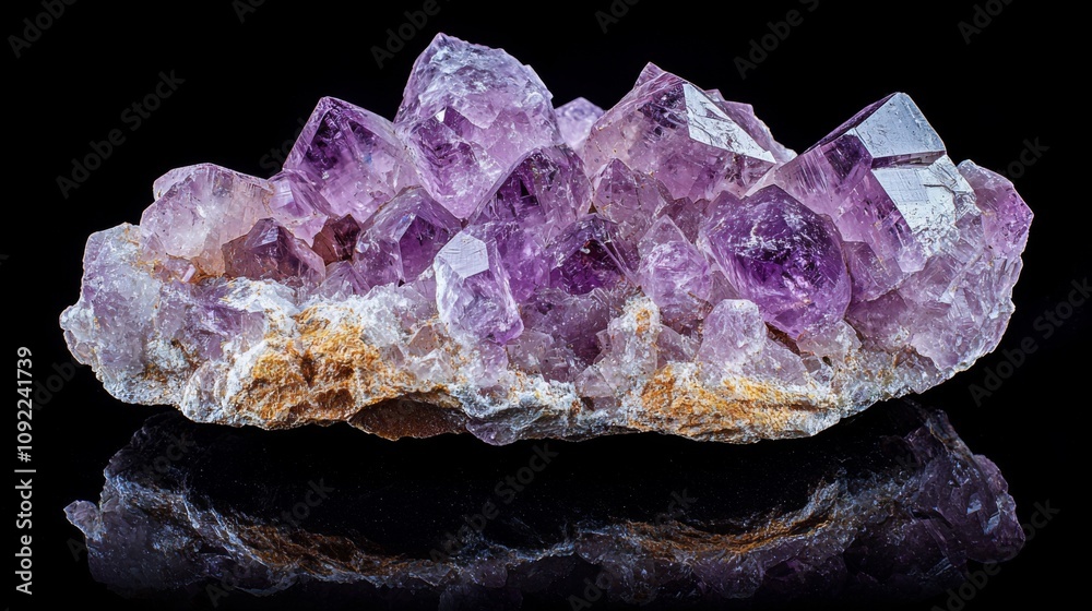 Raw amethyst cluster on black surface highlighting natural beauty Raw amethyst cluster on black surface highlighting natural beauty