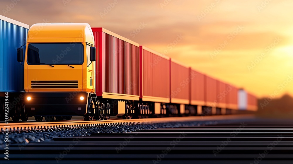 Fototapeta premium Multimodal Transport concept. A vibrant freight train with colorful containers travels along tracks at sunset, showcasing the beauty of transportation and logistics.