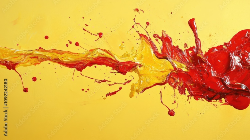 Vibrant Splashes of Red and Yellow Paint on a Bright Yellow Background Creating a Dynamic Abstract Art Piece Full of Energy and Movement Vibrant Splashes of Red and Yellow Paint on a Bright Yellow Background Creating a Dynamic Abstract Art Piece Full of Energy and Movement
