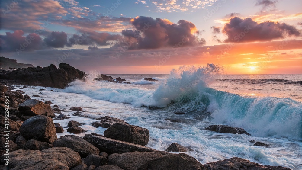 Fototapeta premium Ocean waves crashing on a rocky beach at sunset, serene ocean, warm light, rugged coastline, wave crash