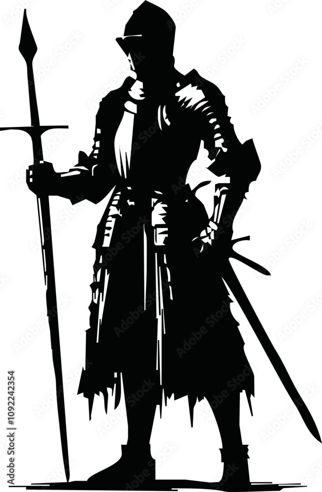 Fototapeta premium Black and white illustration of a medieval knight in full armor with a sword. Detailed armor and flowing cape create a dynamic, heroic look. Ideal for fantasy, historical, and chivalry themes. Vector 