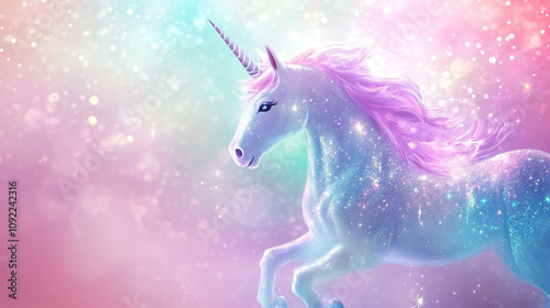Magical unicorn galloping through a sparkling rainbow landscape at twilight
