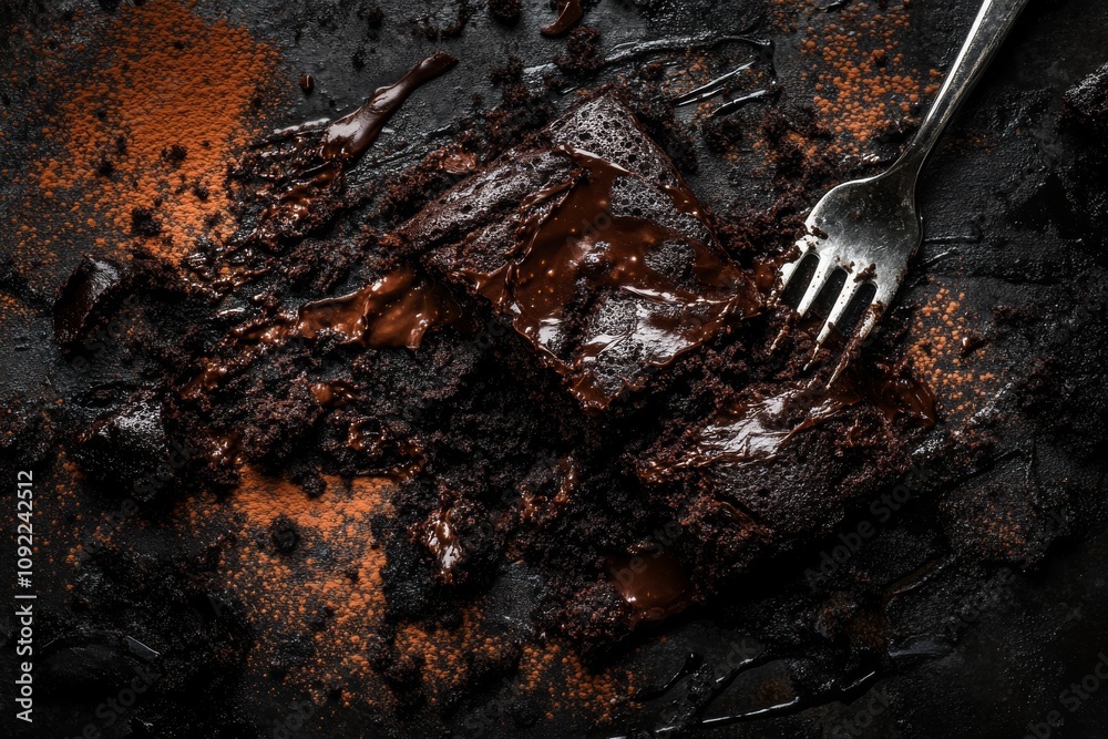 Fototapeta premium Decadent Dark Chocolate Brownie with Rich Ganache and Cocoa Powder Lying on Rustic Slate Surface Surrounded by Chocolate Crumbs and Fork