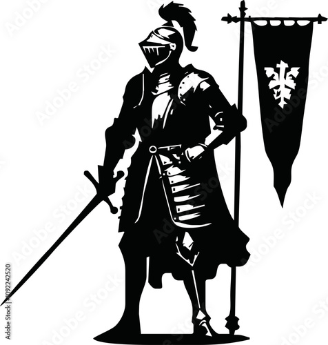 Black and white illustration of a medieval knight in full armor with a sword. Detailed armor and flowing cape create a dynamic, heroic look. Ideal for fantasy, historical, and chivalry themes.
Vector 