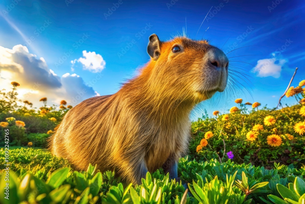 Fototapeta premium Capybara in Blooming Landscape - Macro Photography of Capybara, Bushes, Green Meadow, Sunny Skies, Nature, Wildlife, Flora, Fauna, Animal