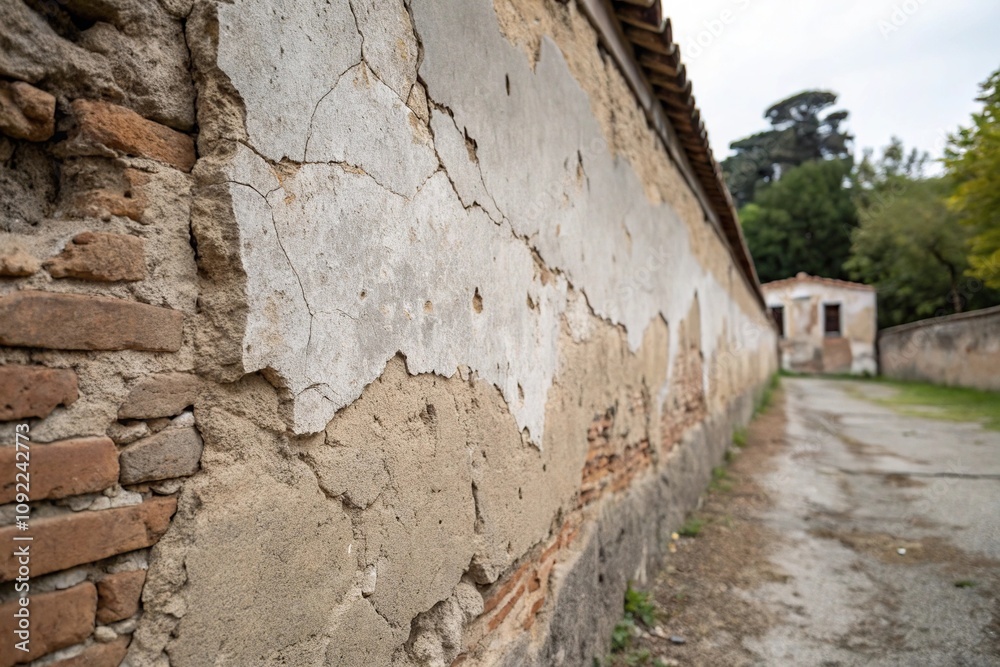 Fototapeta premium Old plaster wall featuring a prominent gray brown color and rough texture, stone like finish, peeling paint, rough surface, worn down areas
