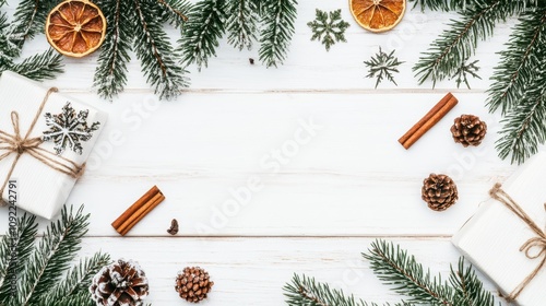 White wooden background with natural Christmas decorations including fir branches, pine cones, cinnamon sticks, and wrapped gifts, creating a rustic holiday theme.