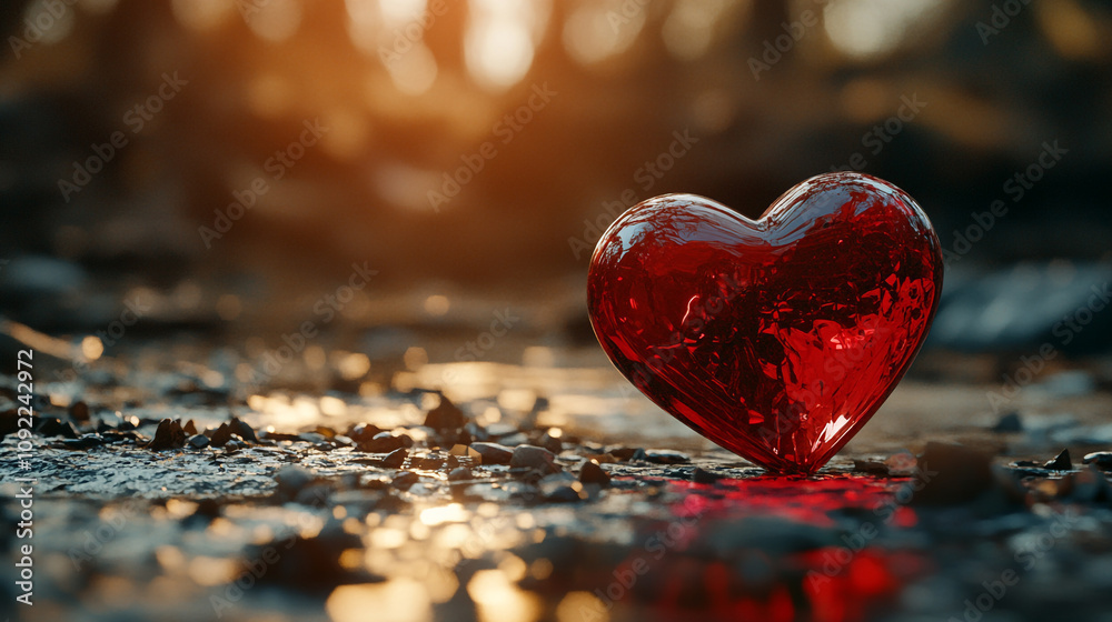 Fototapeta premium Heart shaped decoration resting on stones during sunset in a serene outdoor setting