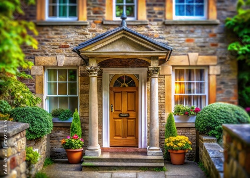 Charming Georgian Style Home with Wooden Front Door and Gabled Porch, Tilt-Shift Photography