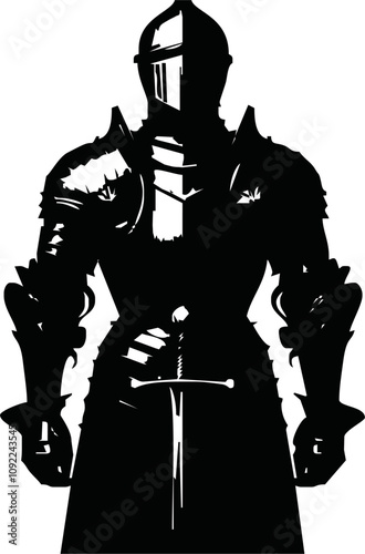 Black and white illustration of a medieval knight in full armor with a sword. Detailed armor and flowing cape create a dynamic, heroic look. Ideal for fantasy, historical, and chivalry themes.
Vector 