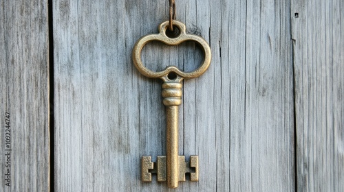 Vintage Decorative Key Hanging on Weathered Wooden Surface, Symbolizing Unlocking Potential, Secrets, and the Beauty of Antique Hardware