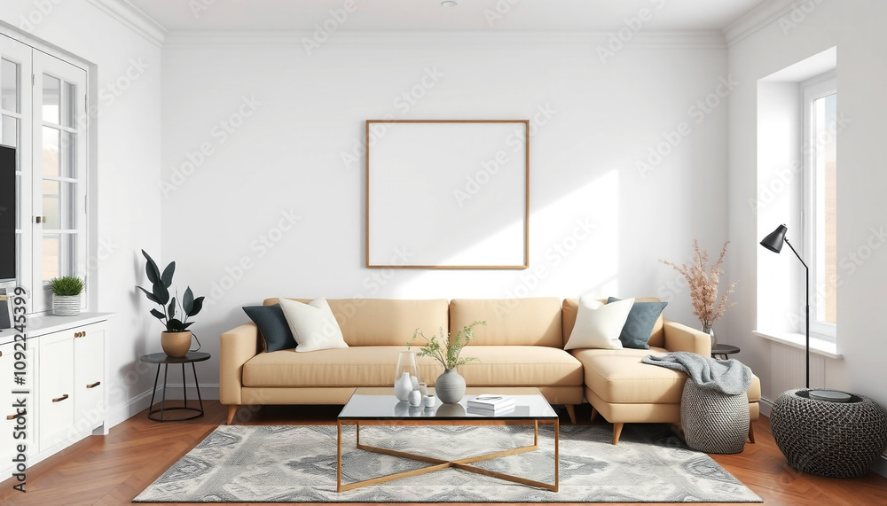 Fototapeta premium Modern Living Room with Cozy Sofa and Empty Blank Canvas Frame in The Wall, Art Design Inspiration Concept. 