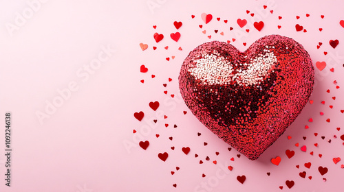 Vibrant red heart decoration surrounded by smaller heart shapes on soft pink background