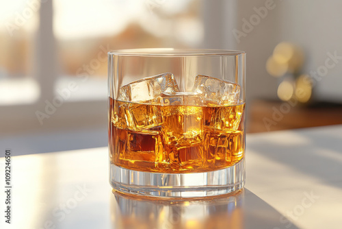 A glass of whiskey on a rustic wooden table with a soft glow from a nearby candle creating a cozy and inviting ambiance.