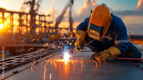 A skilled welder in safety gear works meticulously on a metal structure as sparks fly in the beautiful backdrop of a sunset industrial scene.