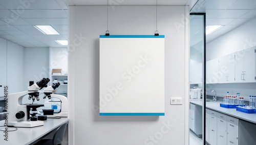 White board with blue borders hangs on a wall in a lab
