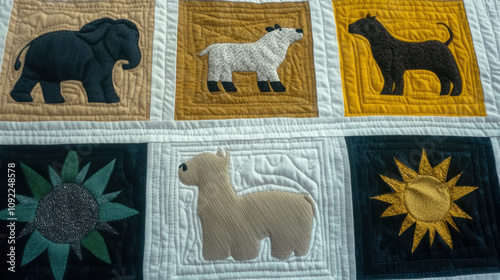 Handmade quilt featuring patchwork animals like elephant, bear, and dog, along with sun and flower designs, showcasing vibrant colors and intricate stitching photo