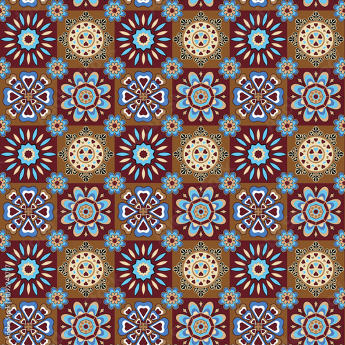Decorative flowers blue and brown color seamless pattern.