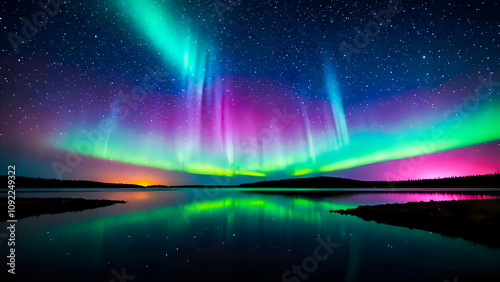 Landscape and unrealistically beautiful night sky with colorful aurora and shooting stars photo