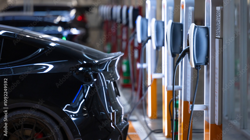EV charger and electric car, Electric car charger station for charge ev battery, Plug for vehicle with electric engine, EV charger clean energy, Charging point at car parking lot department store.