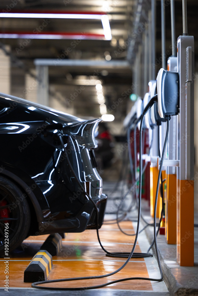 EV charger and electric car, Electric car charger station for charge ev battery, Plug for vehicle with electric engine, EV charger clean energy, Charging point at car parking lot department store.