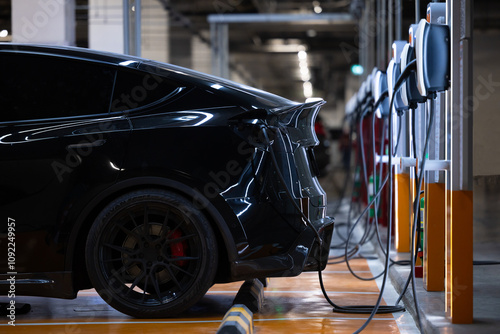 EV charger and electric car, Electric car charger station for charge ev battery, Plug for vehicle with electric engine, EV charger clean energy, Charging point at car parking lot department store. photo