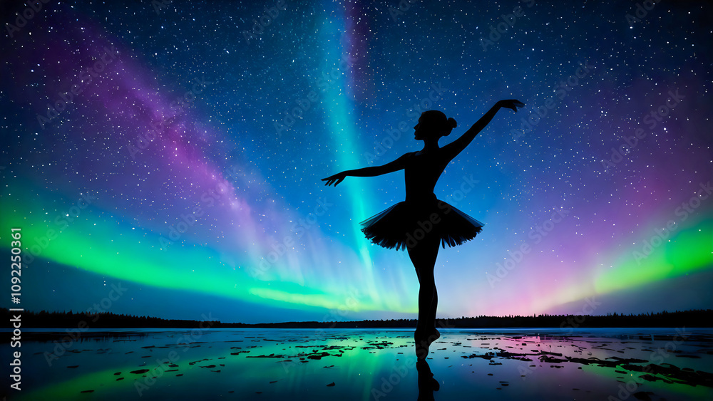 Naklejka premium Silhouette of female ballerina standing on ice lake with beautiful aurora and starry night sky in background